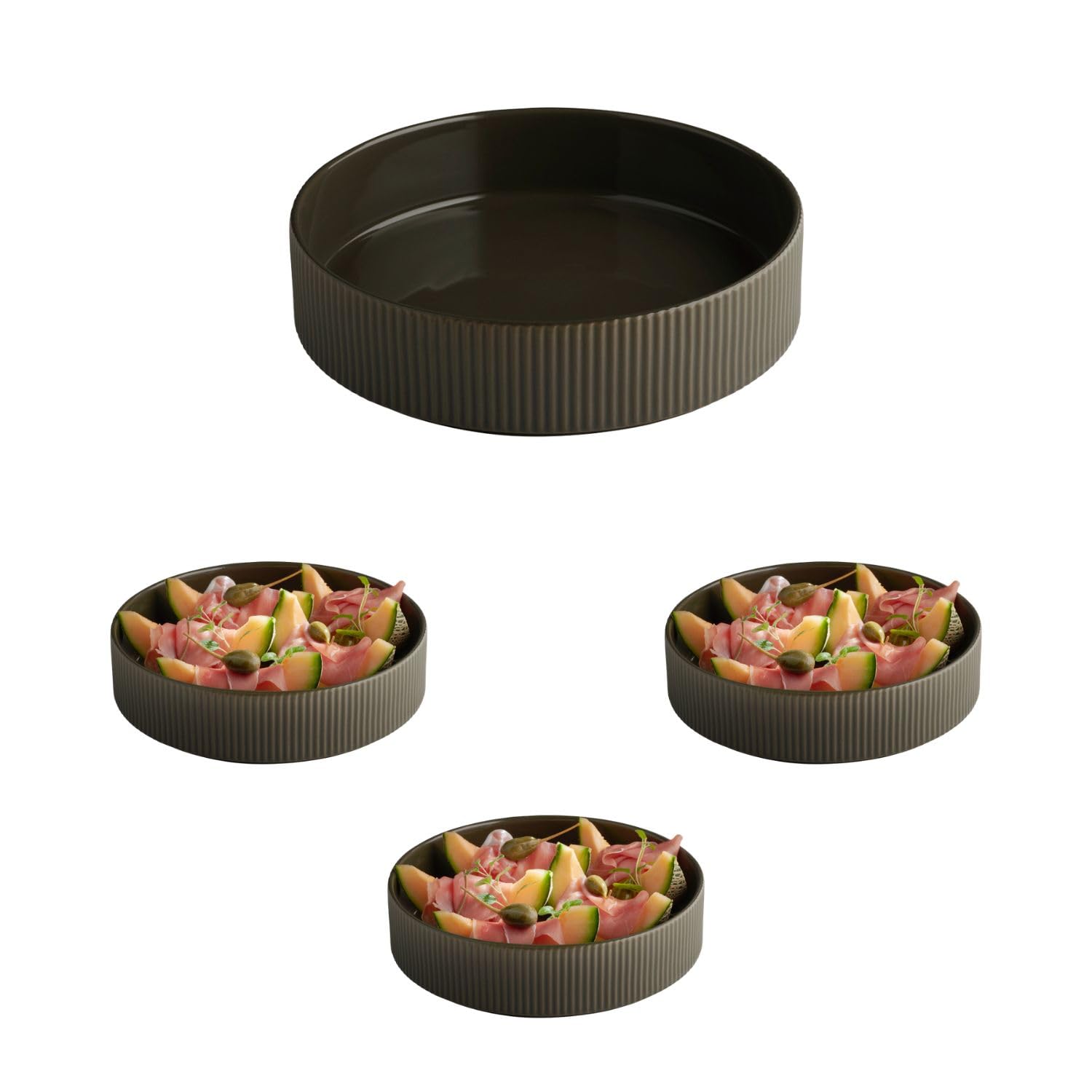 APS The Grid 19080 Plate/Bowl Porcelain Mud Brown Diameter 23 cm 1.3 litres Stackable Set of 3