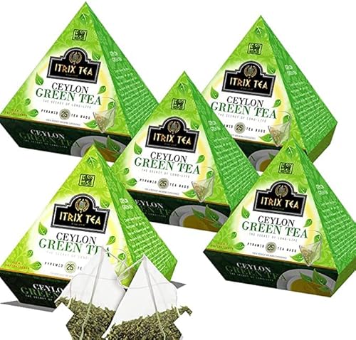 ITRIX Ceylon Green Tea 5 Packs - 100% Natural Tea Leaves - Refreshing & Delicious Beverage with Reusable Bag - 25 Tea Bags Per Pack