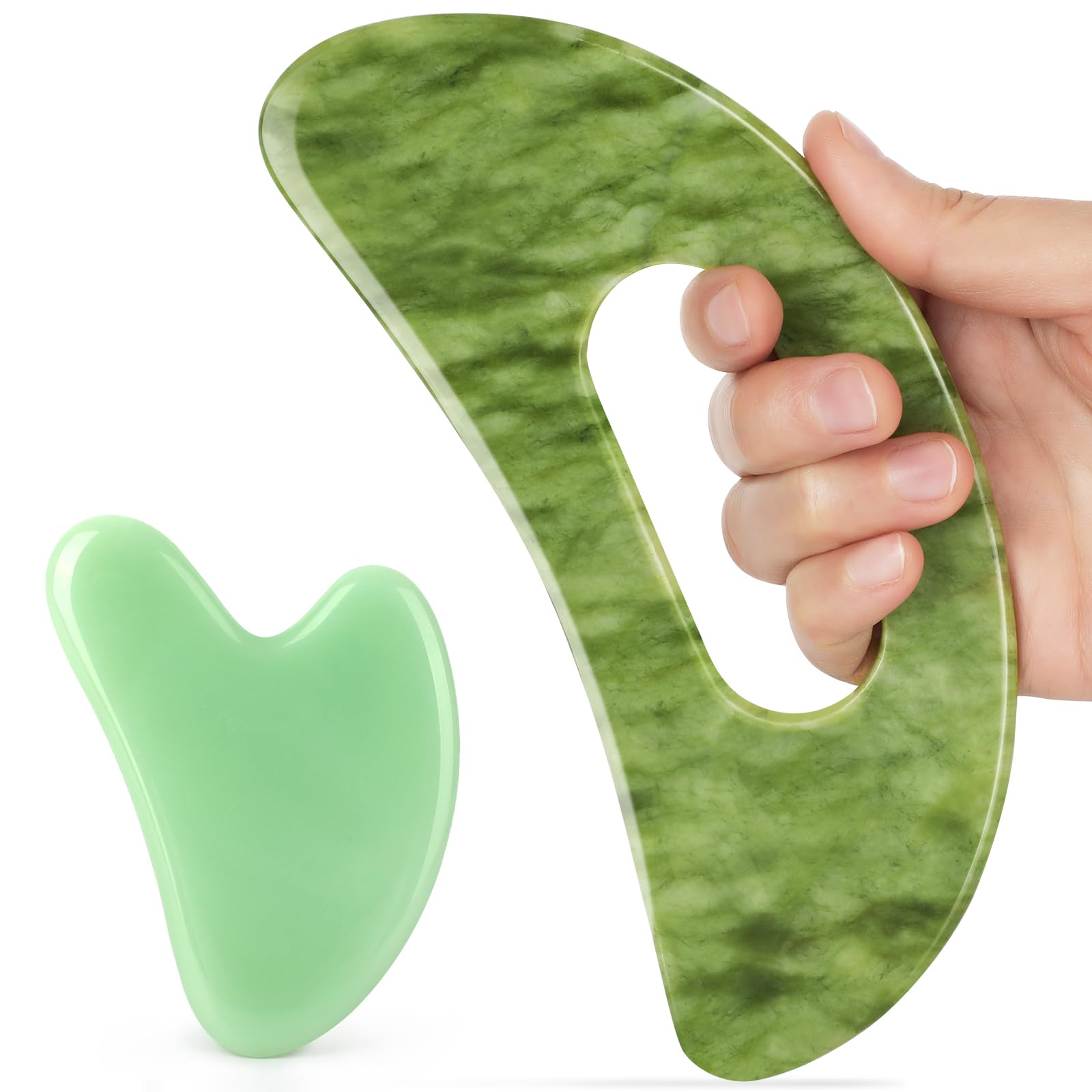Jade Stone Gua Sha Massage Tool Set Larger Guasha Board with Handle Muscle Scraping Massage Tools Facial Anti Cellulite Spa Acupuncture Tools for Back Neck Face Leg Massage, Lymphatic Drainage