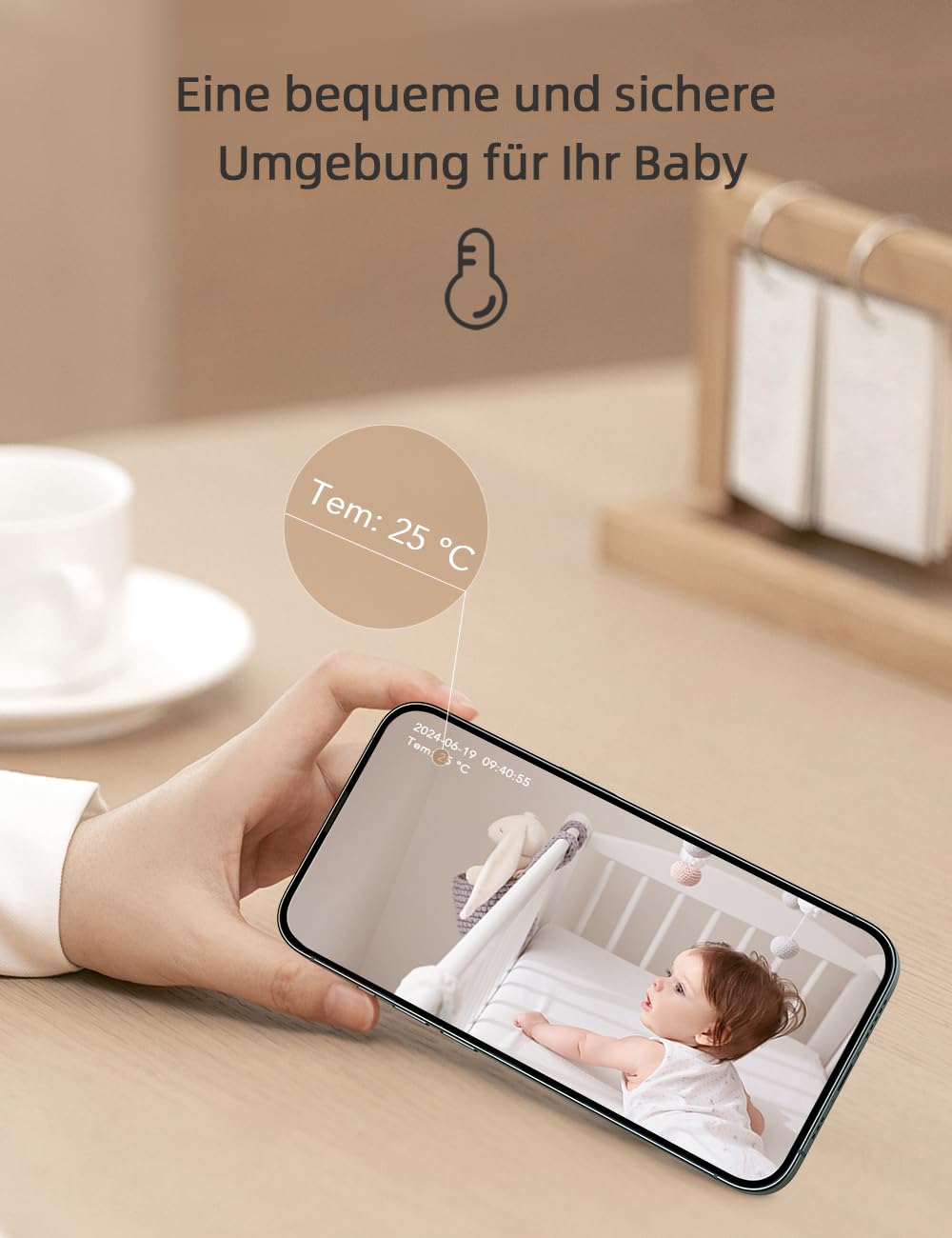 nooie Babyphone mit Kamera und App,2K intelligentes Babyfon, Temperaturüberwachung,2.4/5GHz WLAN, Nachtsicht,Zwei-Wege-Audio, Weinen/Geräuscher-kennung, KI-Tracking, funktioniert mit Alexa