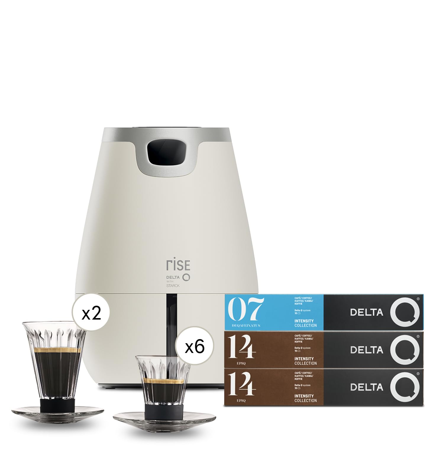 Delta Q | Cafetera Rise Blanco 19 Bares Extracción Inversa + 20 cápsulas | Incluye 20 Cápsulas Intensidad 14 + 10 Descafeinado, 6 Tazas Compatibles