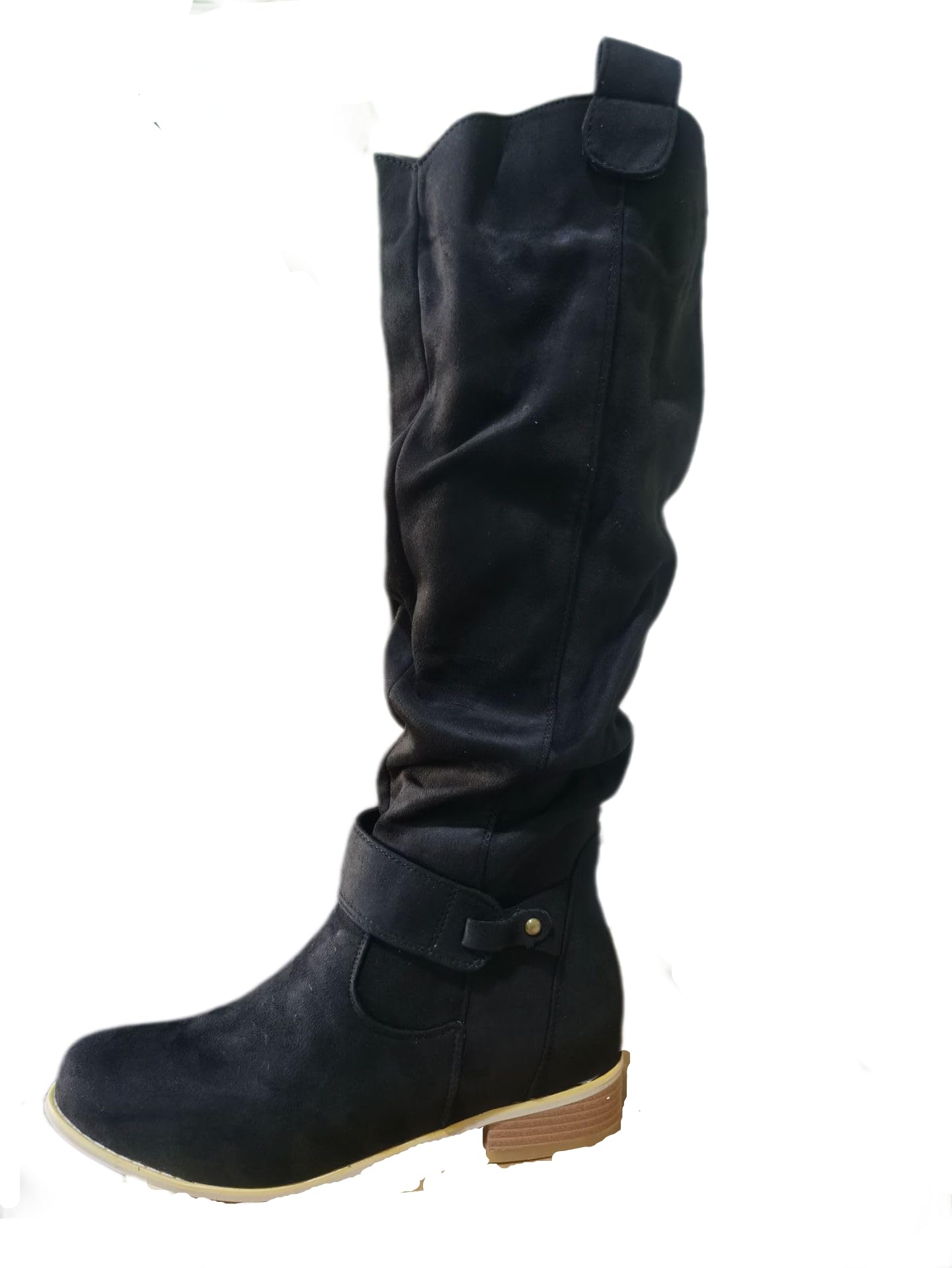 Junshang Women's Black Low Heel Side Zip Suede High Top Boots， Mid Calf Boots Knee Stretchy Low Heel Booties Zip Strap Riding Winter Slouch Shoes,-41