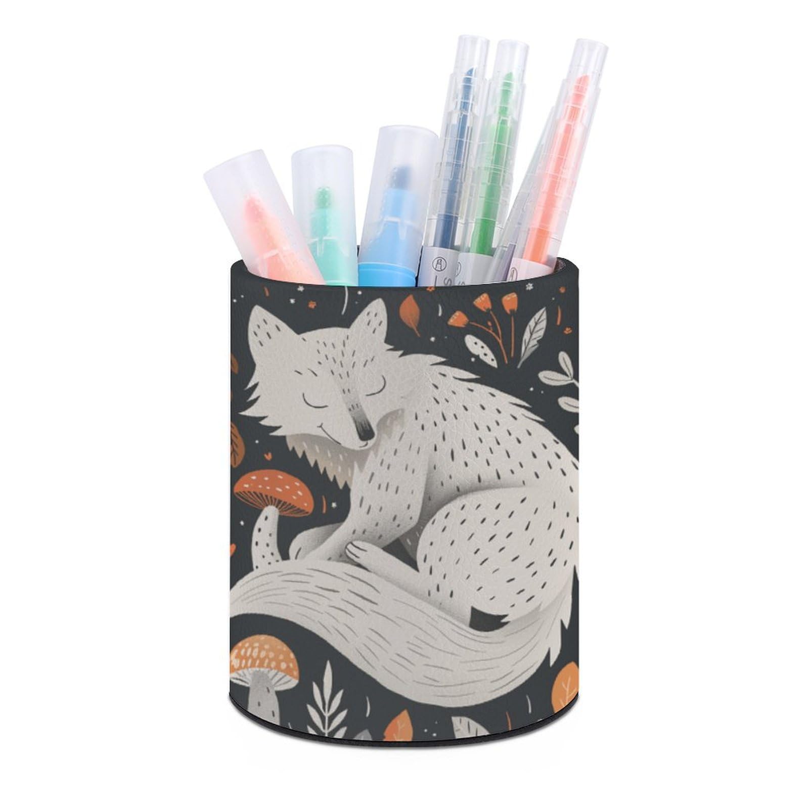 KLOPH PU Leather Pen Holder for Desk, Aesthetic Pencil Cup for Desktop, Makeup Brush Srotage for Pens Organizer Office Supplies, Mushrooms And Leaves Pen Cup Pencil Caddy for Home Art Supply