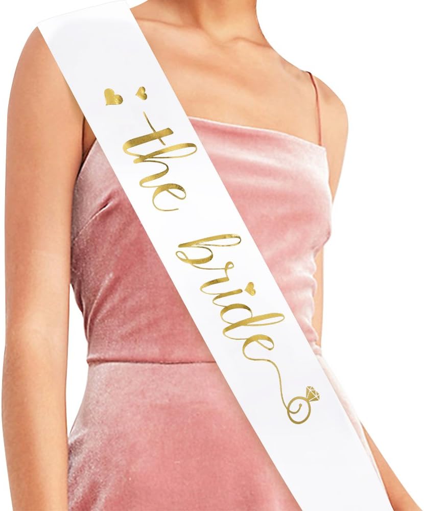 The Bride Sash - Bachelorette Party Sash Bride to Be Sash Bridal Shower Hen Party Wedding Decorations Party Favours Accessories (White with Gold Lettering)