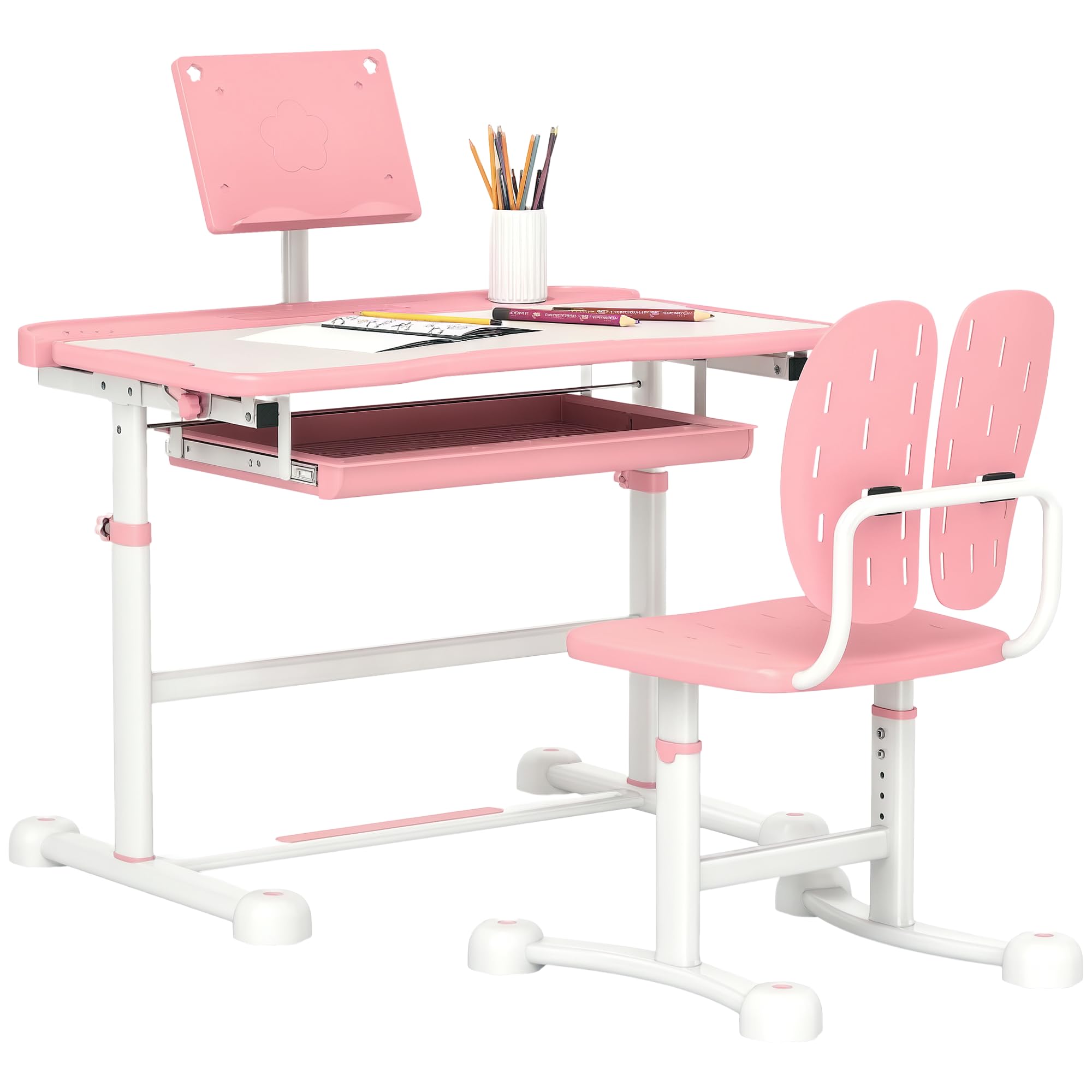 AIYAPLAY Kids Desk and Chair Set, Height Adjustable School Study Table Chair Set with Tilted Desktop, Storage Drawer, Book Stand, for Writing Reading, kids Aged 3-12 Years, Pink