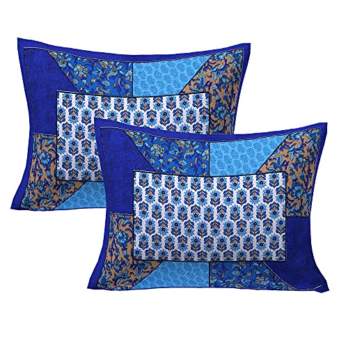 Image of RajasthaniKart Comfort Rajasthani Jaipuri Traditional Sanganeri Print 144 TC Cotton Double Size Bedsheet with 2 Pillow Covers - Yellow, King (Double, Blue)