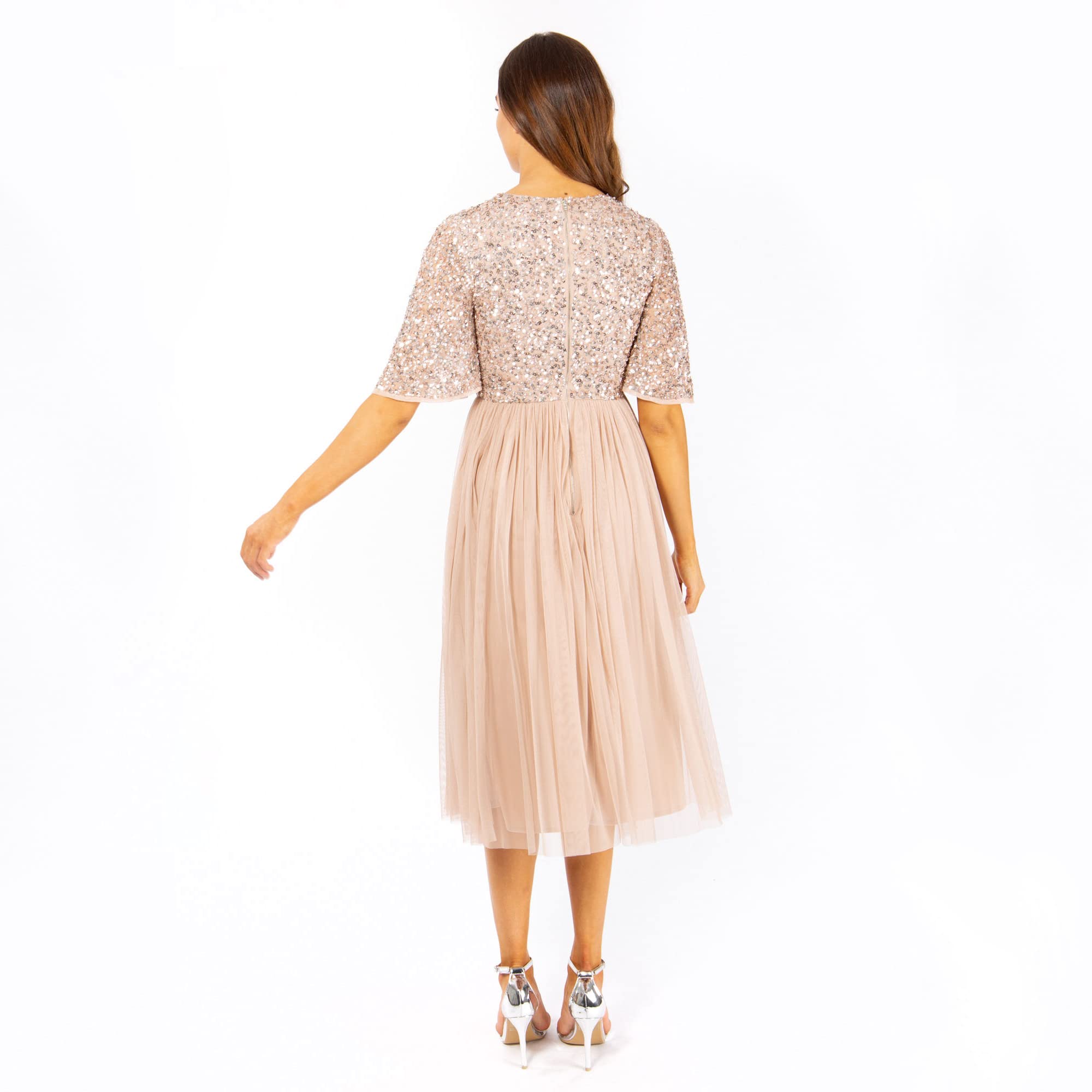 Maya Deluxe Damen Midi Abendkleid Cocktailkleid Abschlussball V-Ausschnitt Kurze Ärmel Tüllkleid Elegant für Hochzeit