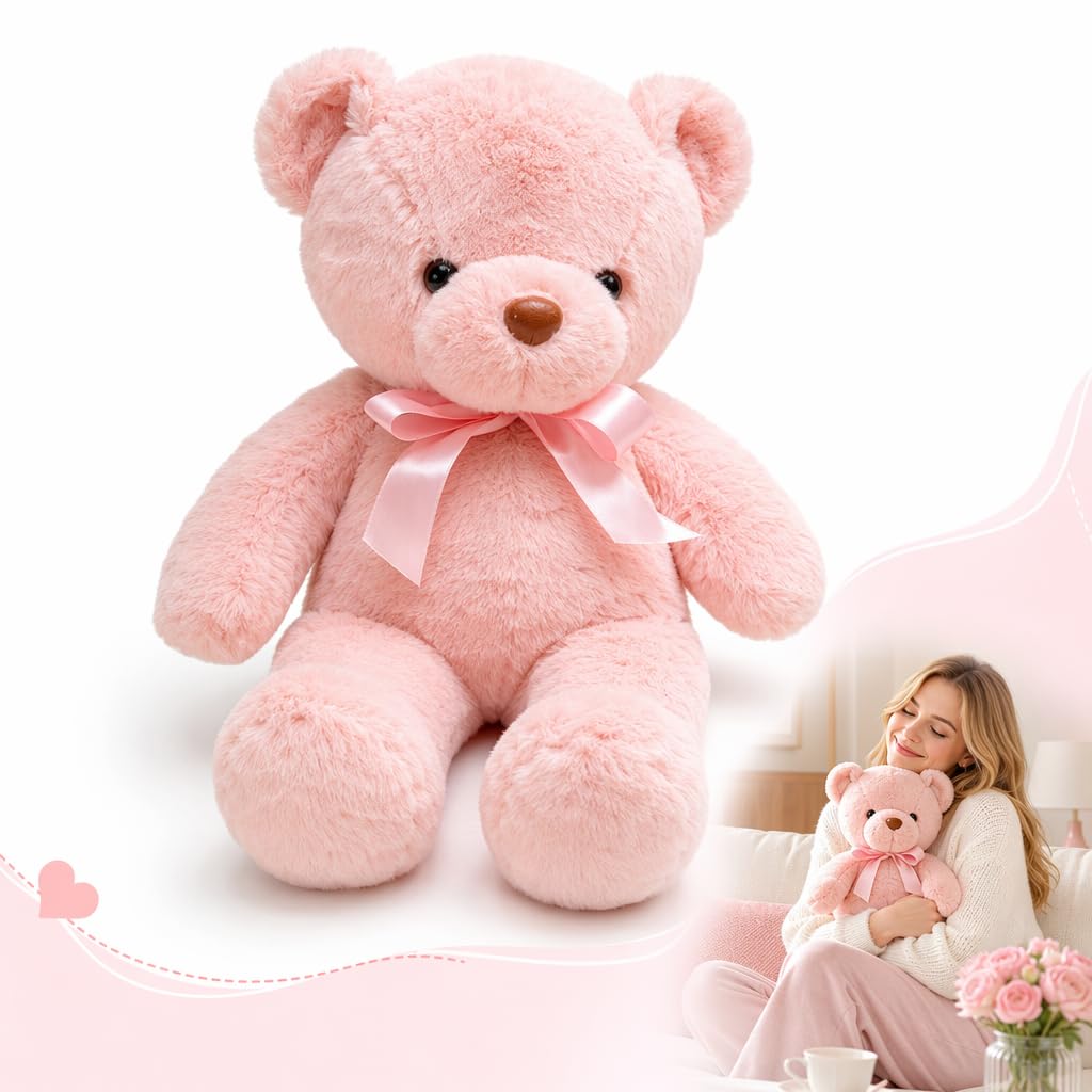 WsiQxuc 1 Pink Teddy Bear, Cuddly Pink Teddy, 28 cm