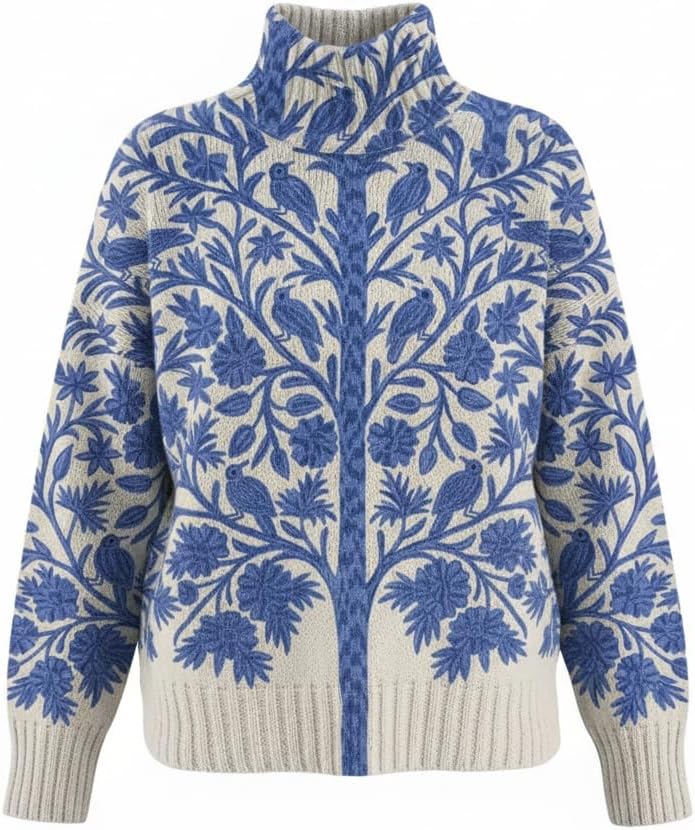 Womans Cozy Knit High Neck Turtleneck Sweater – Vintage Floral Graphic Long Sleeve Casual Pullover Top