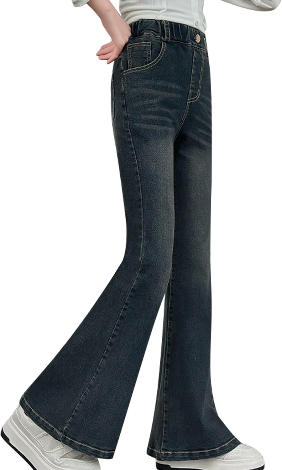 Girls Flare Leg Bell Bottom Jeans Kids Vintage Slim Fit Stretchy Bootcut Denim Pants - Image 2