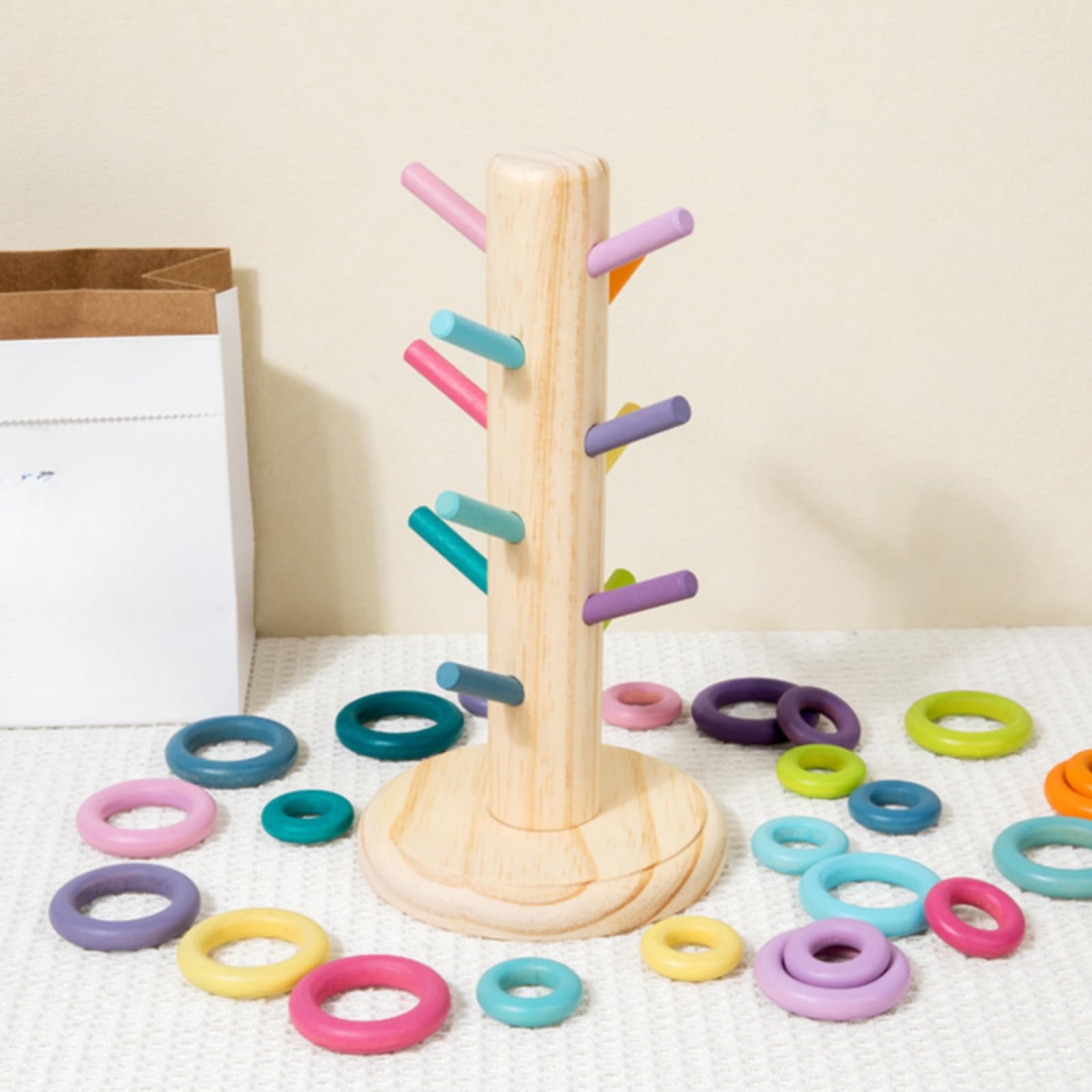 Torre da Impilare in Legno Moderna, Albero Arcobaleno, Versione Macaron, Peso 0,6 Kg, 13,5 × 13,5 × 25 Cm