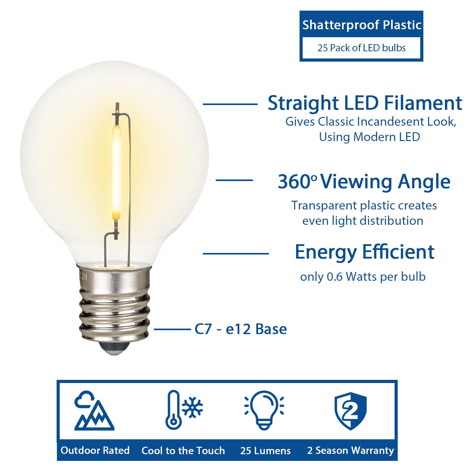 Novelty Lights 25 stóp G40 LED struny dziedzińca z 25 żarówkami, ciepły biały, odporny na warunki atmosferyczne i odporny na wstrząsy wymienne plastikowe żarówki, brązowy drut
