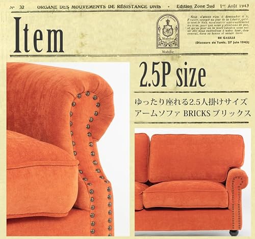 ソファ専門店 モデュロール (2.5人掛け 幅160cm 奥行80cm 高さ80cm) Bricks ブリックス VEシリーズ ヴィンテージスタイル アームソファ カジュアル レトロ シンプル 英国調 ビンテージ アンティーク風 家具 ローソファー アーム 肘付き 鋲打ち クッションシート 【キャロットオレンジ ve2f262k】 リプロ E 160*80*80 [2]