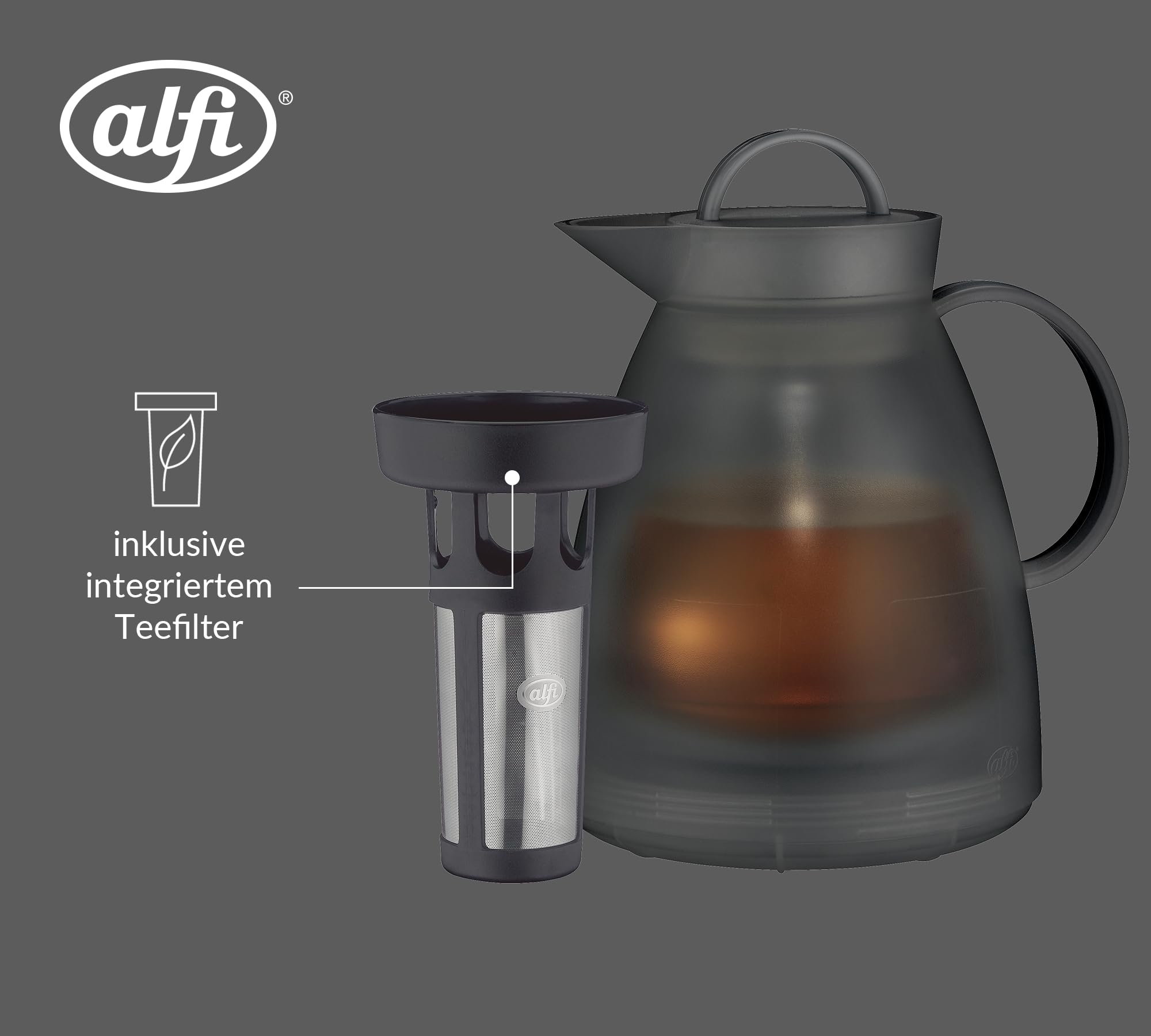 alfi DAN TEA Isolierkanne 0,94 l, 3 h heiß, mit Teesieb, smoke | Teekanne mit integriertem Filter, Thermoskanne mit absolut dichtem Drehverschluss, 6 h kalt, grau transparent