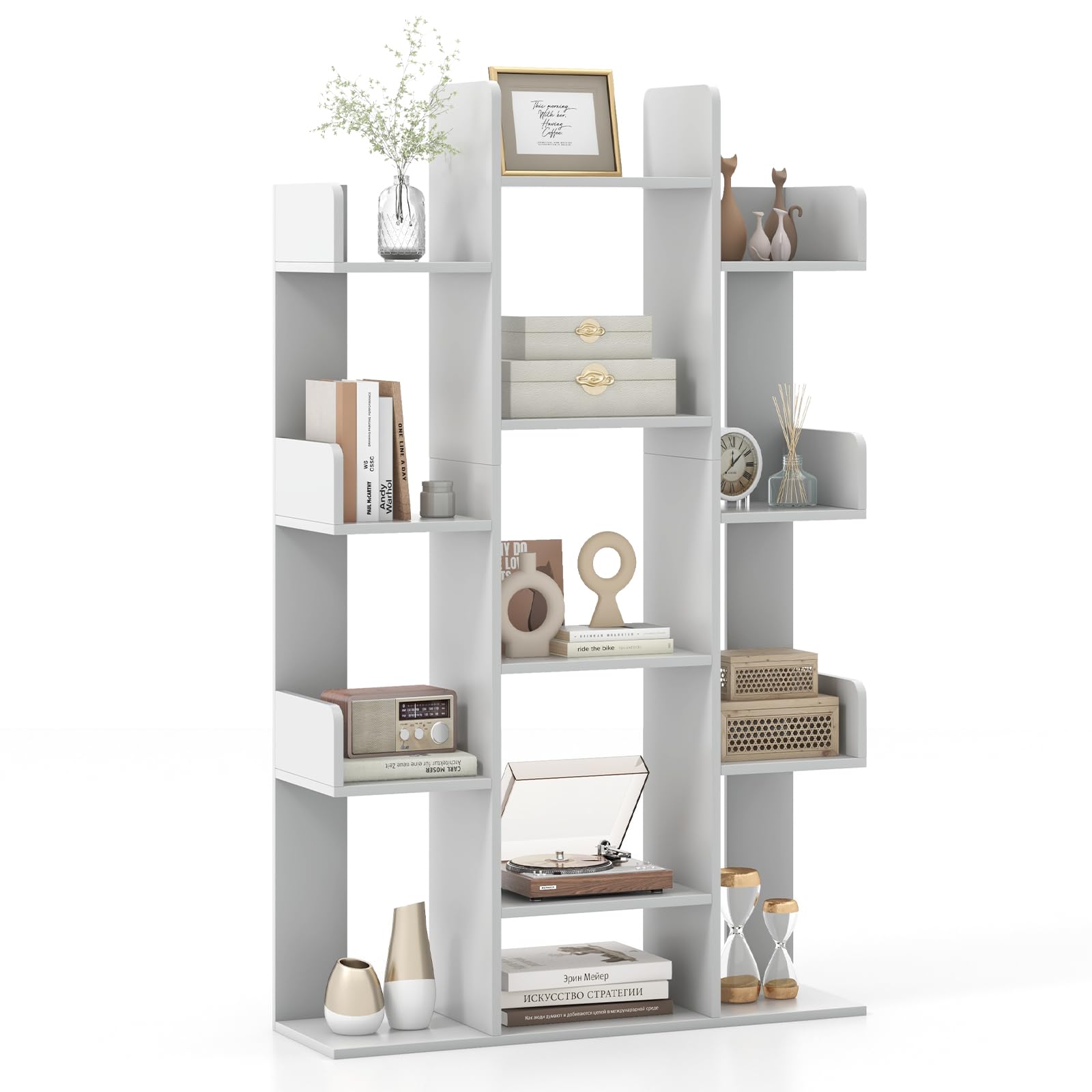 COSTWAY 13 Tiers Bookshelf, Floor Standing Tree Shaped Bookcase Magazines Organiser Unit, Home Office Living Room Storage Rack Display Stand (Grey)