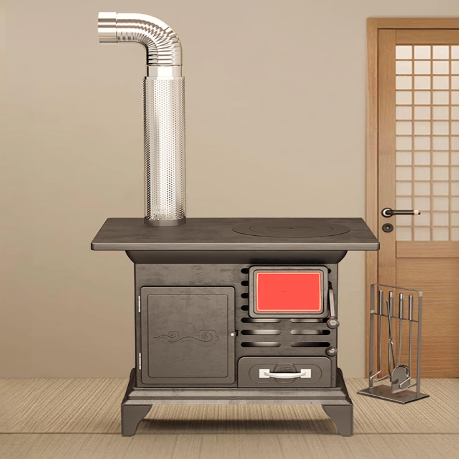 Estufa de leña sin humo para calefacción doméstica, multi-combustibles, acero manganeso y hierro, calentamiento rápido, chimenea de 200cm