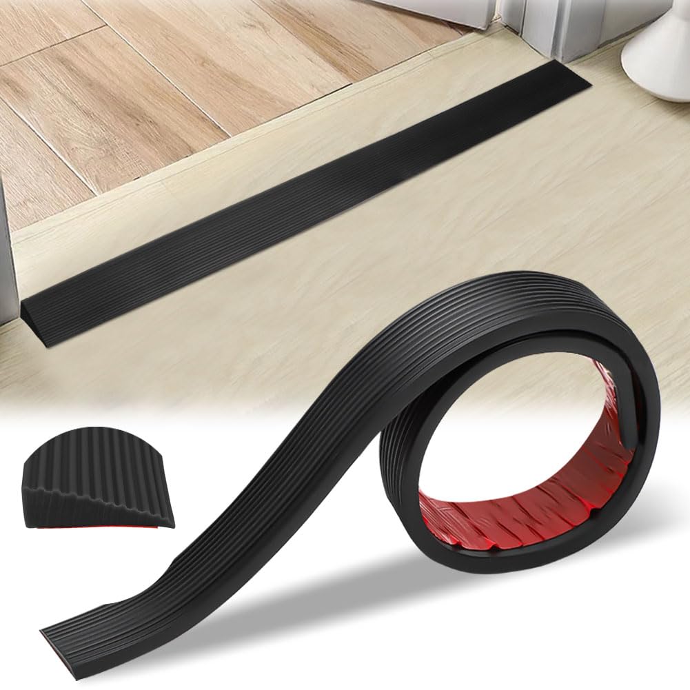 LOMUG Rampa per soglia, 5 cm x 1 cm x 2 m, in gomma, autoadesiva, profilo di transizione, in gomma, per soglia di porta, per robot aspirapolvere, porte, passeggini, garage (nero)