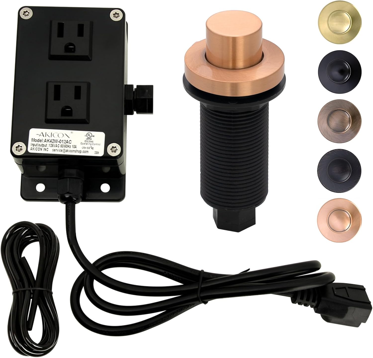 Akicon Air Switch Kit for Garbage Disposal, Dual Outlet Sink Top/Counter Push Button for Waste Disposer On/Off, 100% Brass Cover, UL Listed-Copper(OH79003B-C)