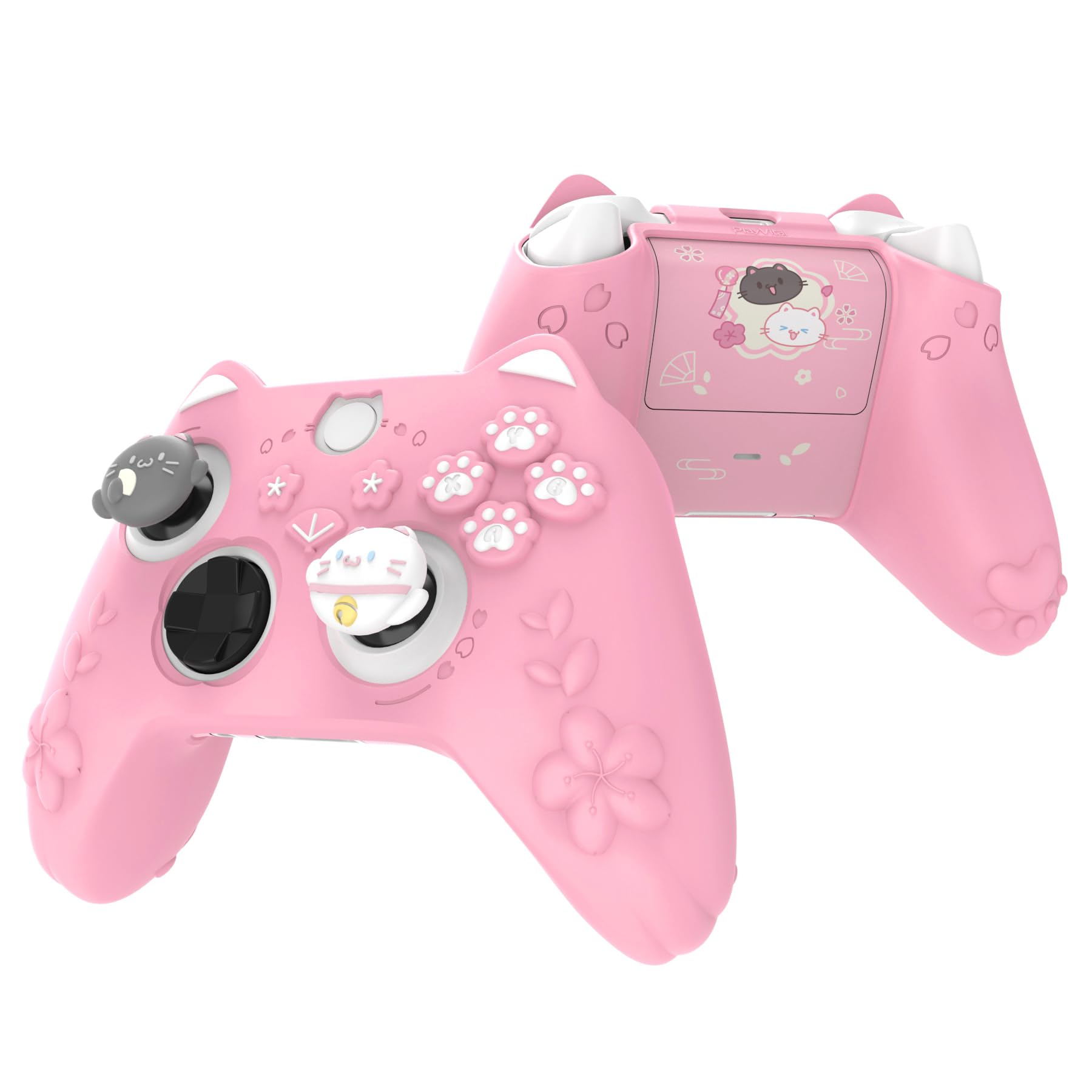 PlayVital Cute Silicone Controller Skin for Xbox Series X/S - Cherry Blossoms Kitten Anti-Slip Grip Protector W/Thumb Grips & Sticker - Soft Rubber Cover for Xbox Core Wireless Controller - Pink - 2