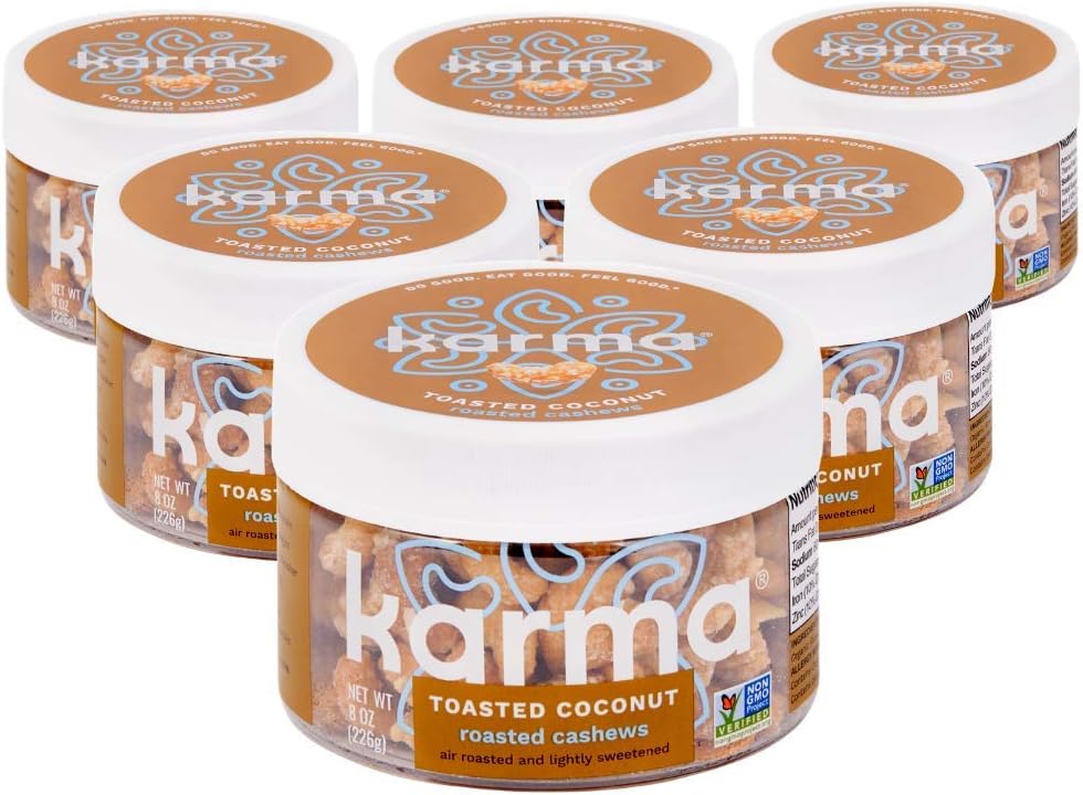 Toasted Coconut Cashews by Karma Nuts, Whole, Sweet, Roasted, Vegan, Gluten Free, Low Net Carb, Natural, Everyday Nut Snack, 8oz Jar (Pack of 6)