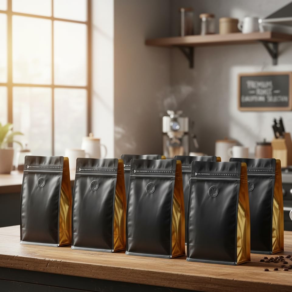Miniatura 6 de 50 bolsas de café con válvula, bolsa de granos de café con bolsas de cremallera sellables con calor y válvula, granos de café negros y amarillos,