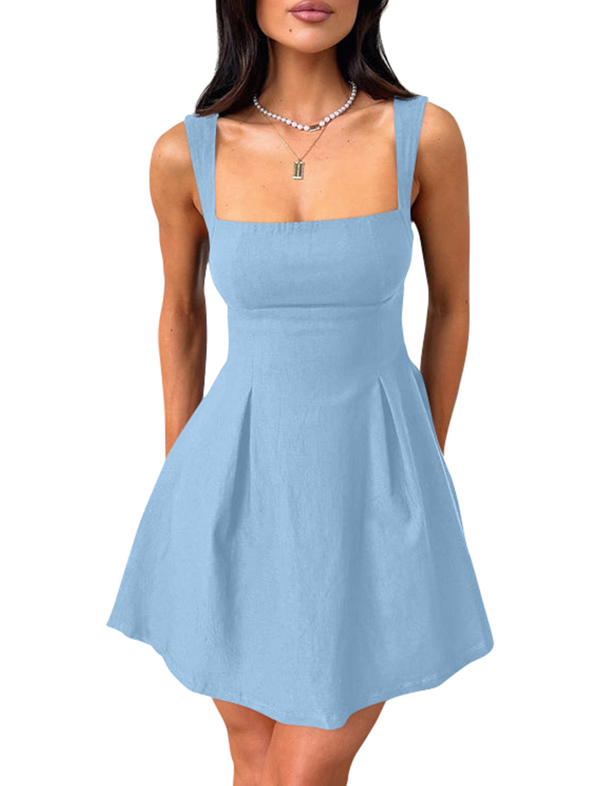 YMDUCH Square Neck Bow Tie Mini Dress