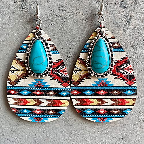 Western Cowgirl Cowboy Wooden Teardrop Dangle Earrings for Women Boho Vintage Turquoise Aztec Pattern Cactus Print Leather Earrings Jewelry3