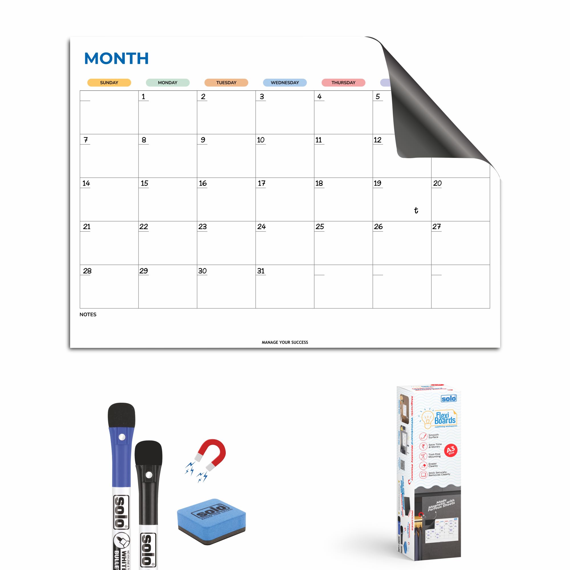 SOLO FlexiBoard A3 Magnetic Monthly Planner Set – Whiteboard Surface with 2 Markers, Duster, 6 Magnetic Stripes & Re-Stickable, Damage-Free Design. Ideal Message/Writing Board for Office & College.
