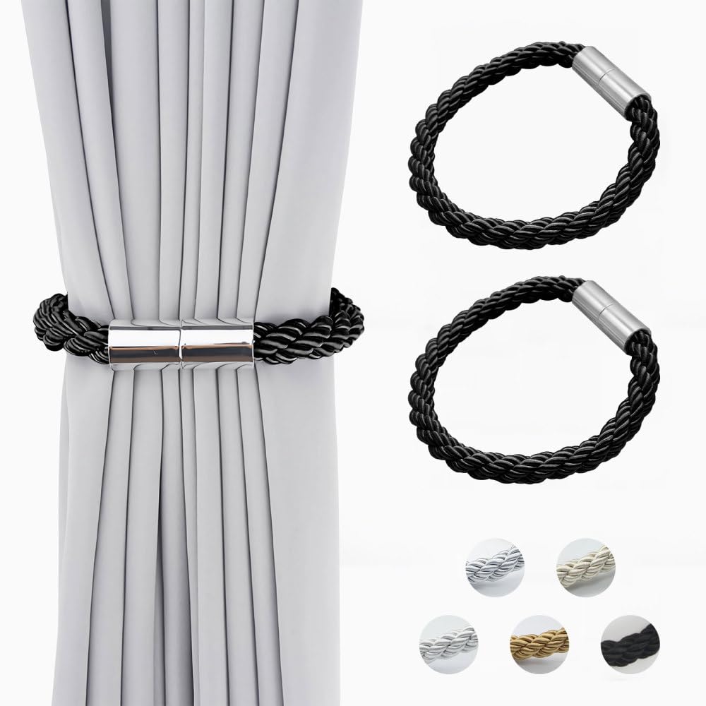 Mioyoow Black Curtain Tiebacks, 2 Pcs Magnetic Curtain Holdbacks Weave Rope Drape Tie For Home Office Window Draperies