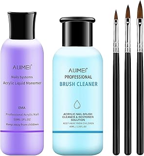 AIJIMEI Acrylic Monomer Liquid Kit 2 fl.oz Acrylic Liquid Nail System Manicure Tools Acrylic Monomer with 1.4 fl.oz Nail Brush Cleaner and Acrylic Nail Brush