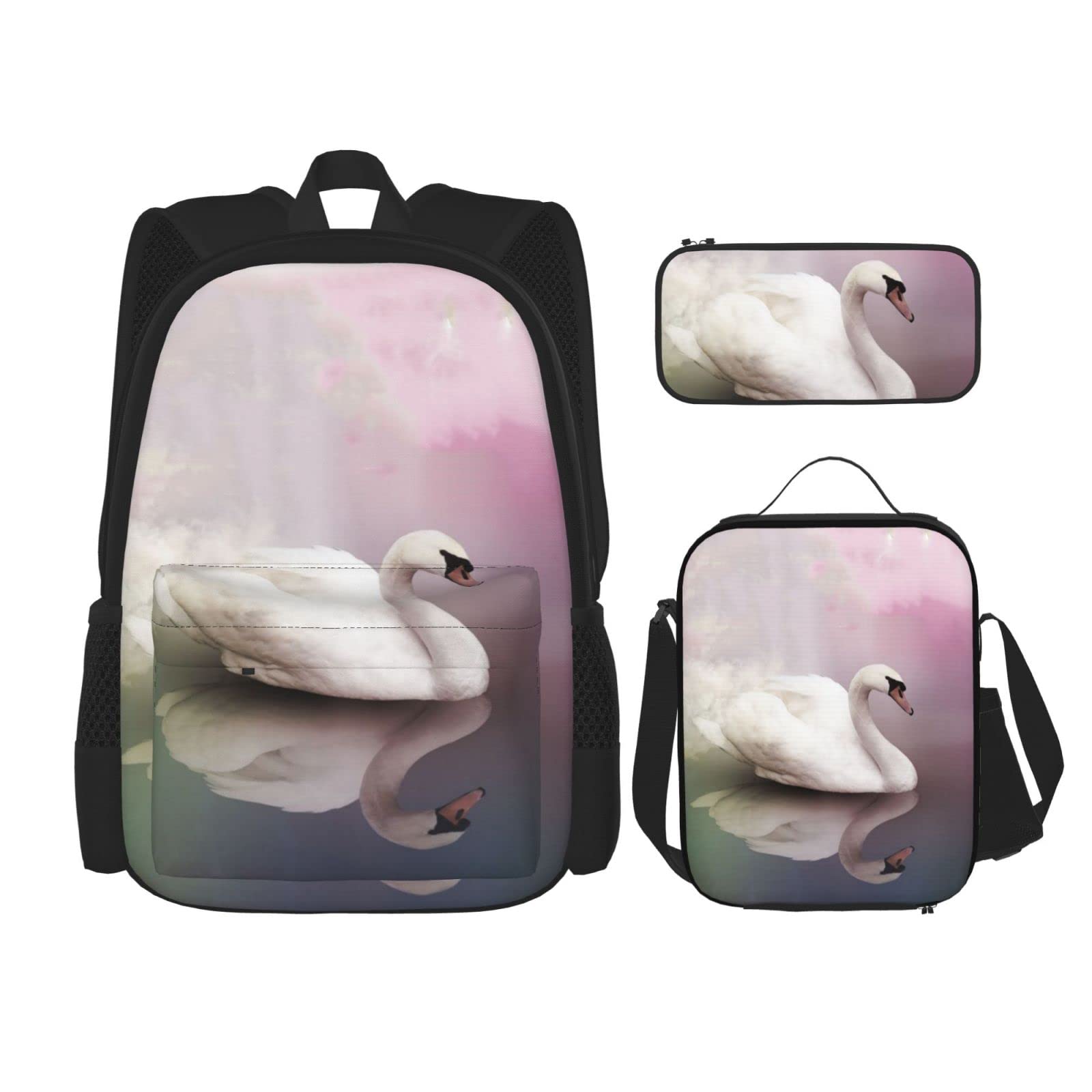 DmorjWhite Swan Prints Pocket Shoulder Bag Crossbody Lunch Bag Pencil Bag Set - Sturdy And Wearable, Comfortable And Beautiful Student Products, Black, One Size