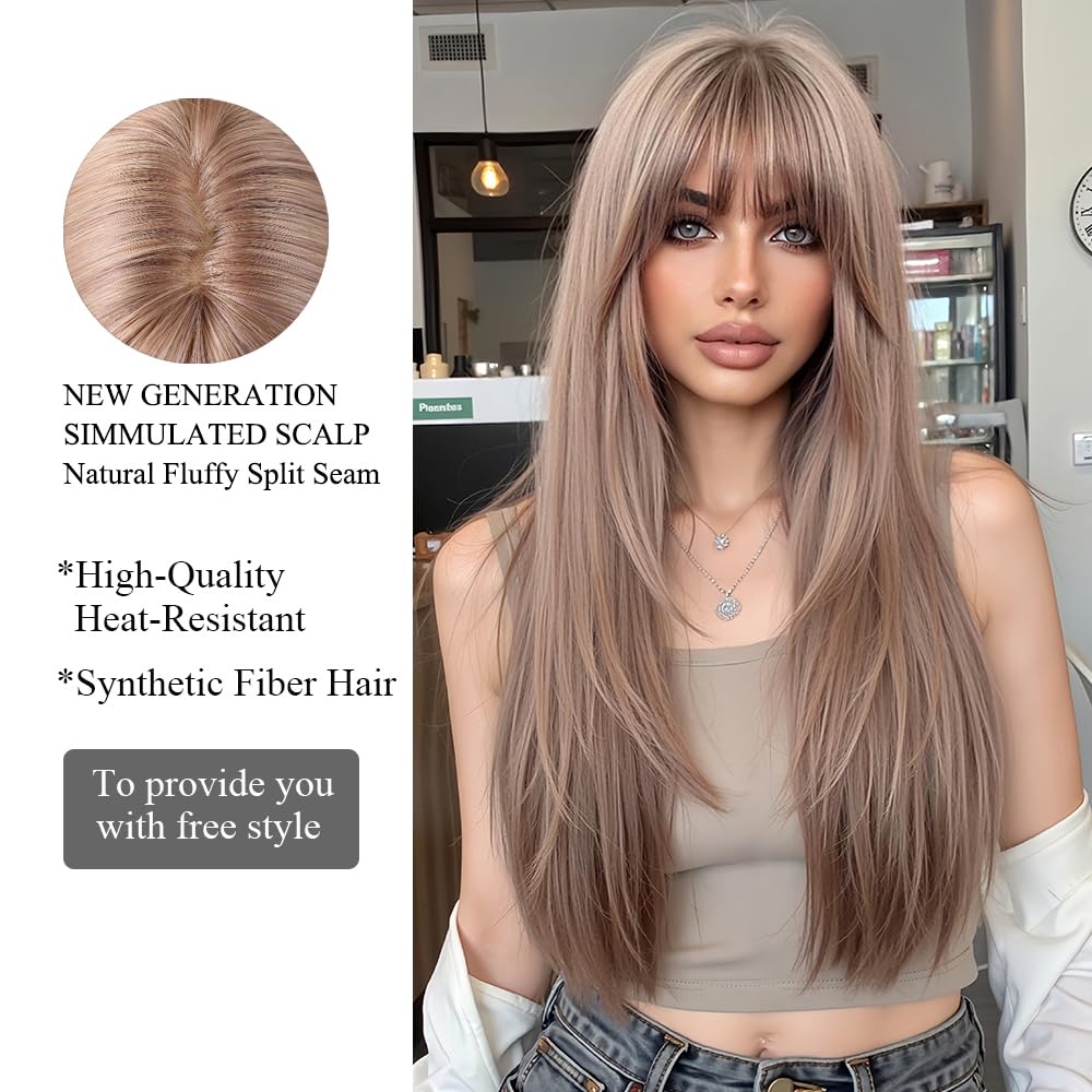 OUFEI Strawberry Blonde Wigs for Women with Bangs Long Natural Straight Synthetic Hair Heat Resistant Wigs for Daily Party Cosplay Wear - Image 3