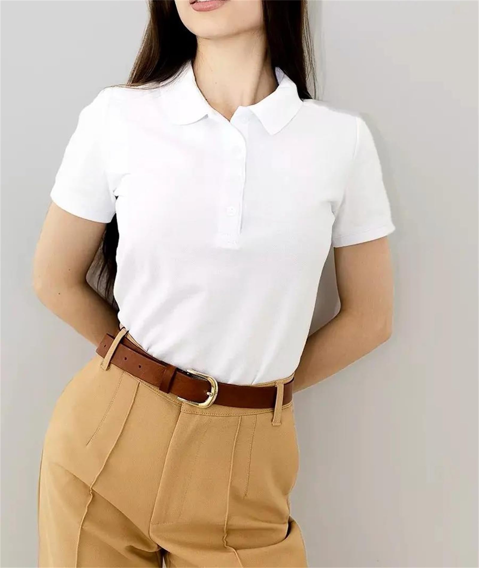 Genérico Polo Deportivo de Manga Corta para Mujer, Liso, con Cuello Vuelto, Transpirable, Ligeramente elástico, Informal, para Negocios (Blanco pequeño)