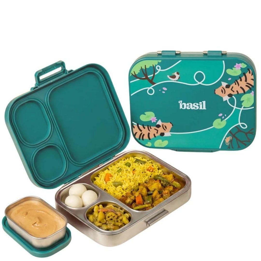 Basil Bento Box Quad Plus – 3+1 Compartment Stainless Steel Lunch Box (1020ml) with BPA-Free Lid | Leak-Proof Tiffin for Kids & Adults | Premium Lunch Box for School, Office & Picnic – Bengal Bagh