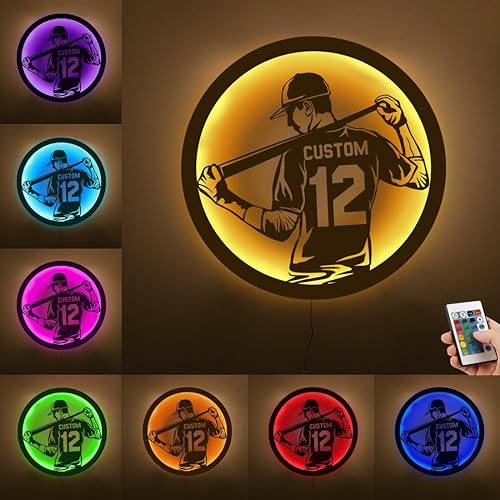 Letrero de metal personalizado para jugador de béisbol con luz LED, nombre y número personalizado, arte de pared de béisbol, letrero de neón con