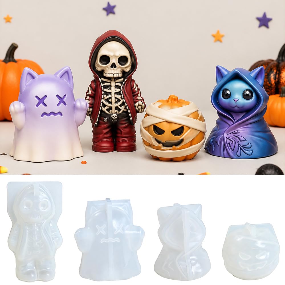 Halloween Silicone Moulds Pumpkin Skeleton Ghost Kitten, Scented Candle Moulds Halloween Decorations, Easy Release DIY Resin Molds for Epoxy Resin, Plaster, Wax, Soap, Aromatherapy