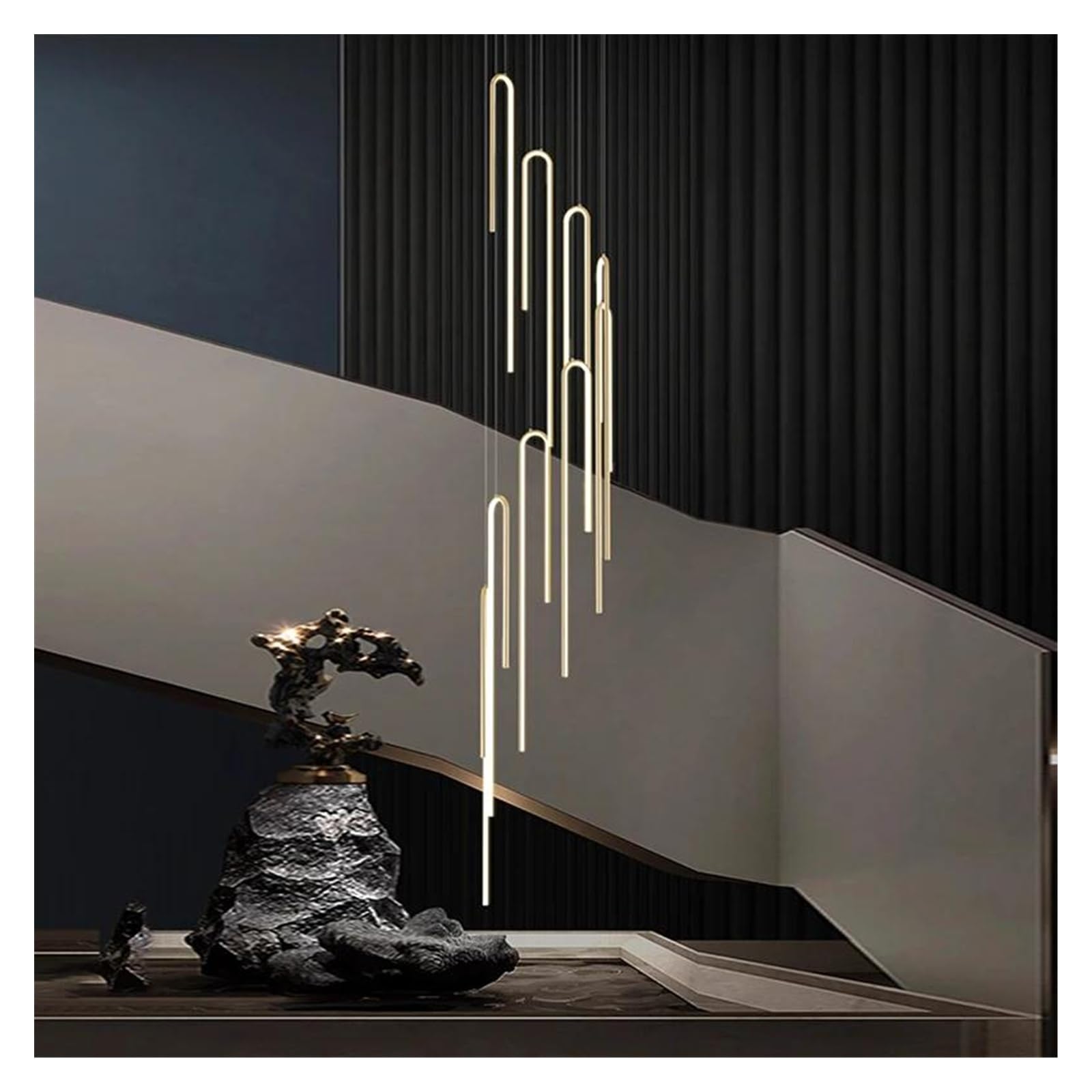 ASerZenith Modern Led Long Strip Chandelier Staircase Lustre Living Room Home Decoration Ceiling,Hanging Light,Warm White-Gold 9 Head
