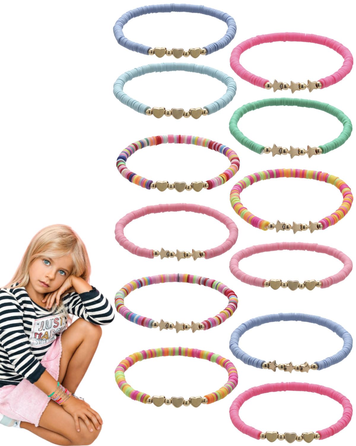 Bracelets d'amitié en forme de cœur pour enfants, bracelet fille, perles plates en argile colorées