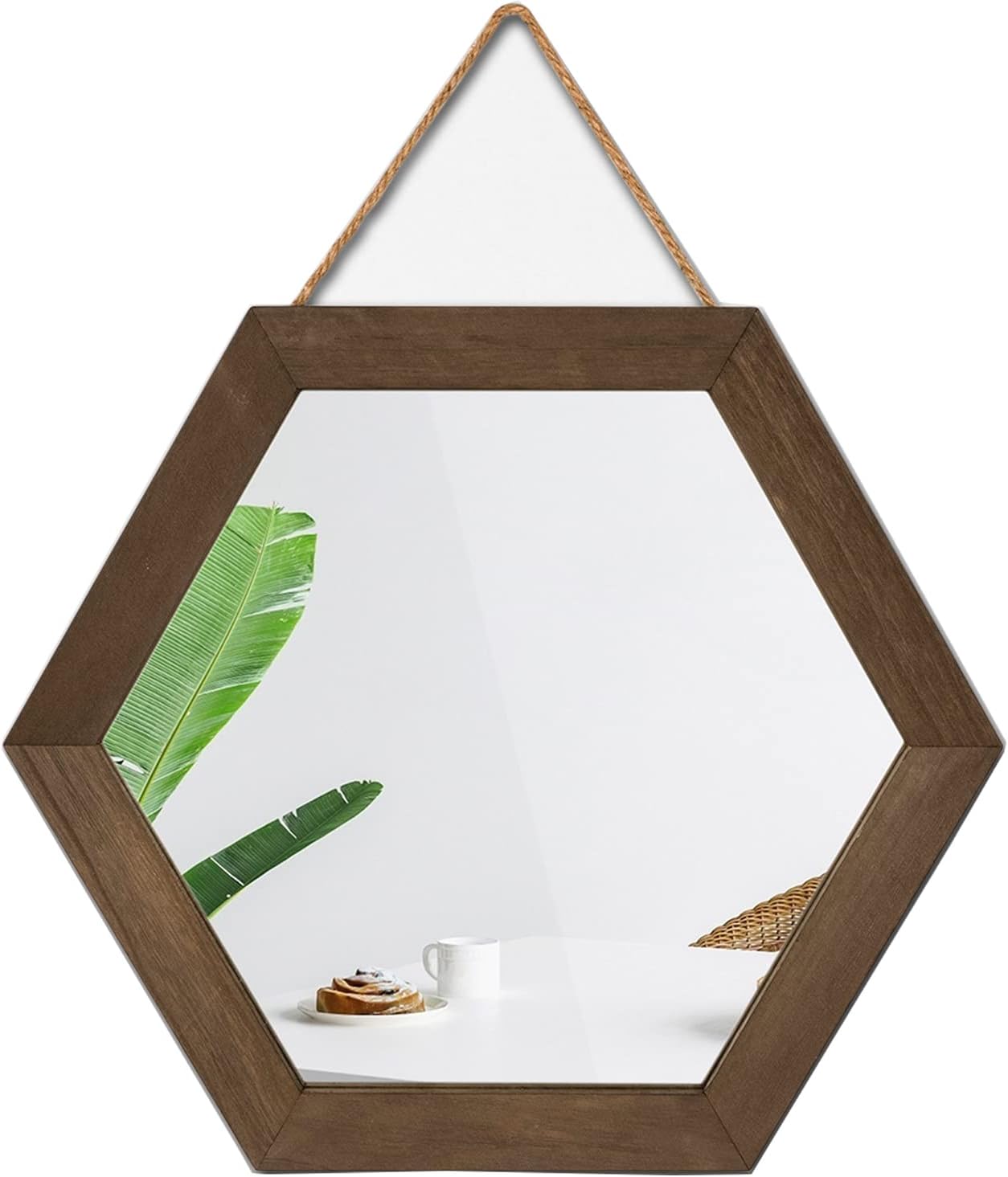 Emfogo Decorative Rustic Wall Mirror with 14 inch Hexagon Wood Framed Mirror for