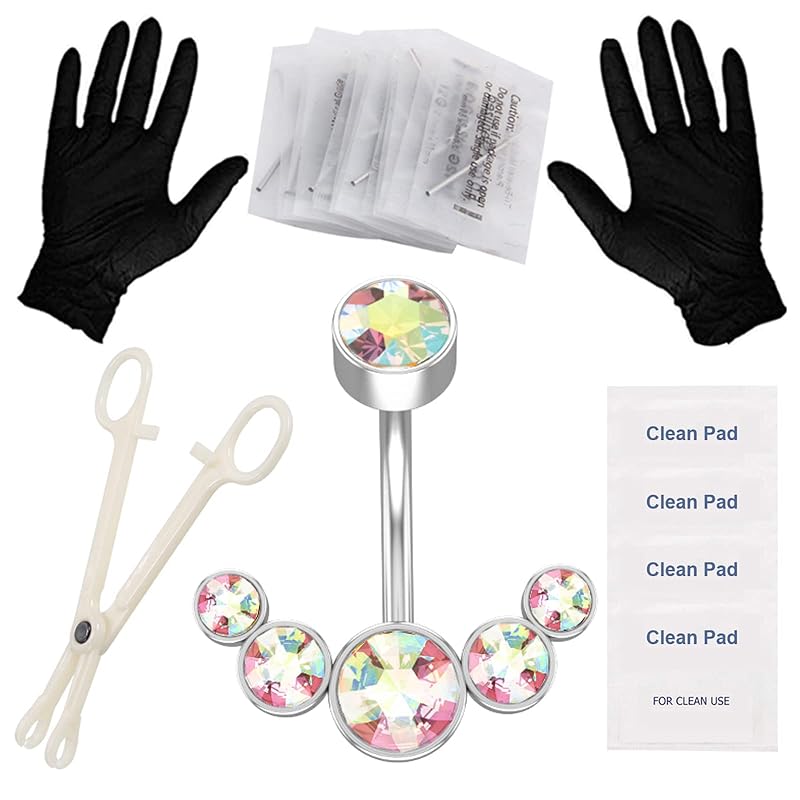 Kit para piercing de umbigo prgislew com agulhas, pinça, luvas e argola de aço inoxidável 316L