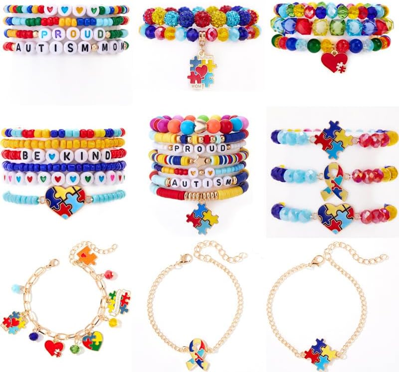 1/2/3/6pcs Unique Colorful Autism Awareness Multi Layering Bracelet Set for Women Men Beaded Chain Puzzle Piece Bracelets with Letter Beads Elastic Beaded Puzzle Heart Pendant Autism Support Jewelry Gifts Advocates & Events Jewelry image 3