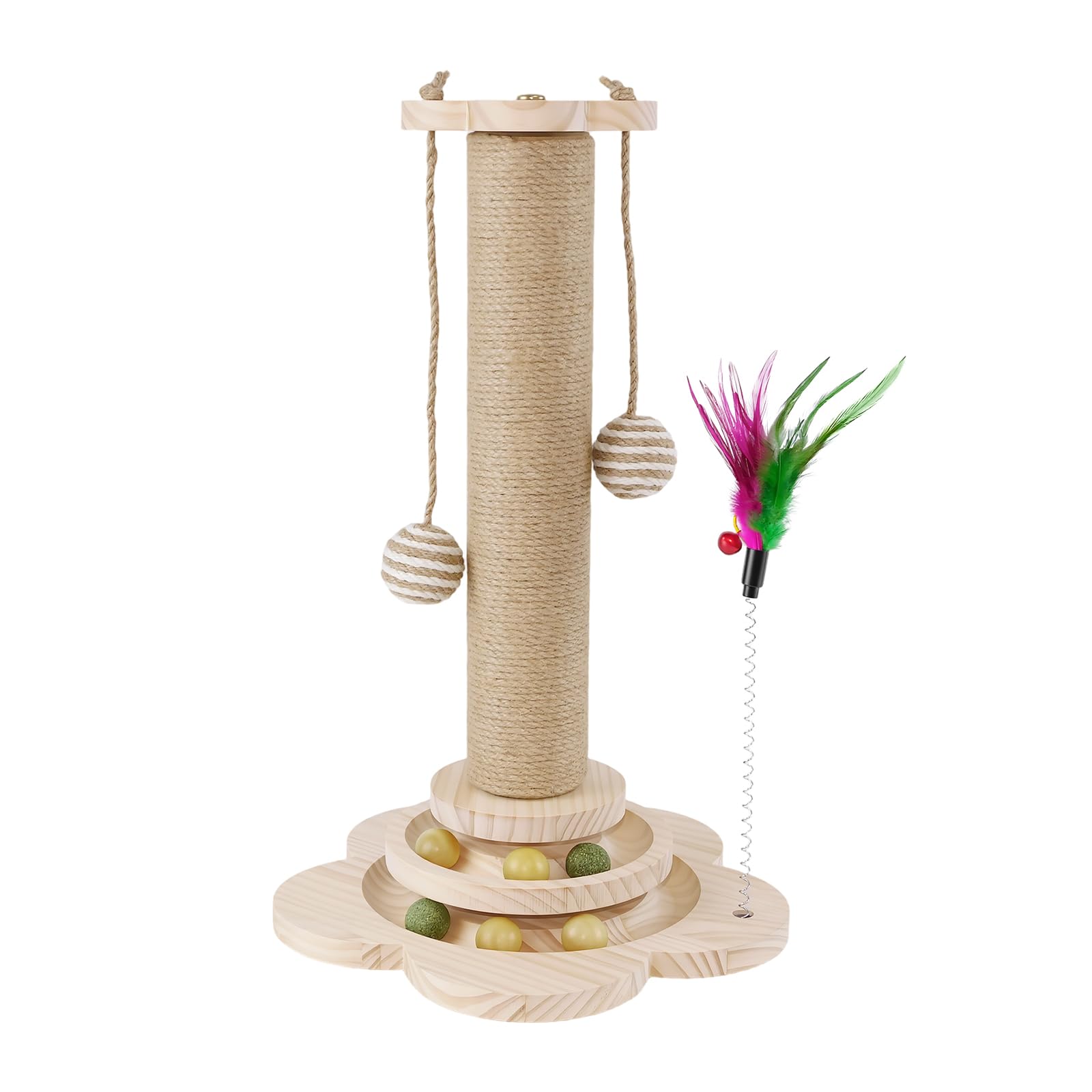 Cat Scratching Post for Indoor, Sturdy Cat Scratcher with Solid Wooden Base, Interactive Track Kitten Cat Scratch Post, Small Kitten Scratch Pole Play Platform, Easy Assembly, Natural Sisal