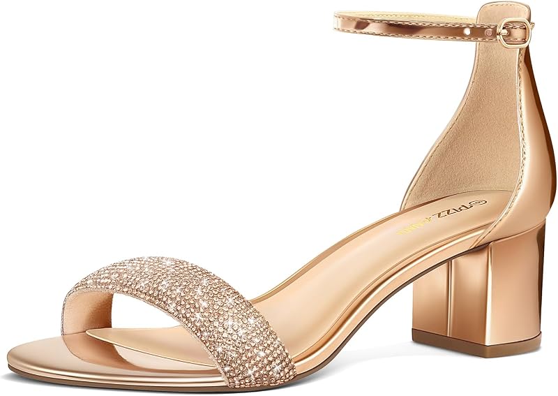 PIZZ ANNU Women's Low Block Chunky Heels Sandals Comfortable Open Toe Ankle Strap Party Dress Pump Shoes Strappy Buckle Heeled Sandal with 2 Inches Tall Thick Heel Design