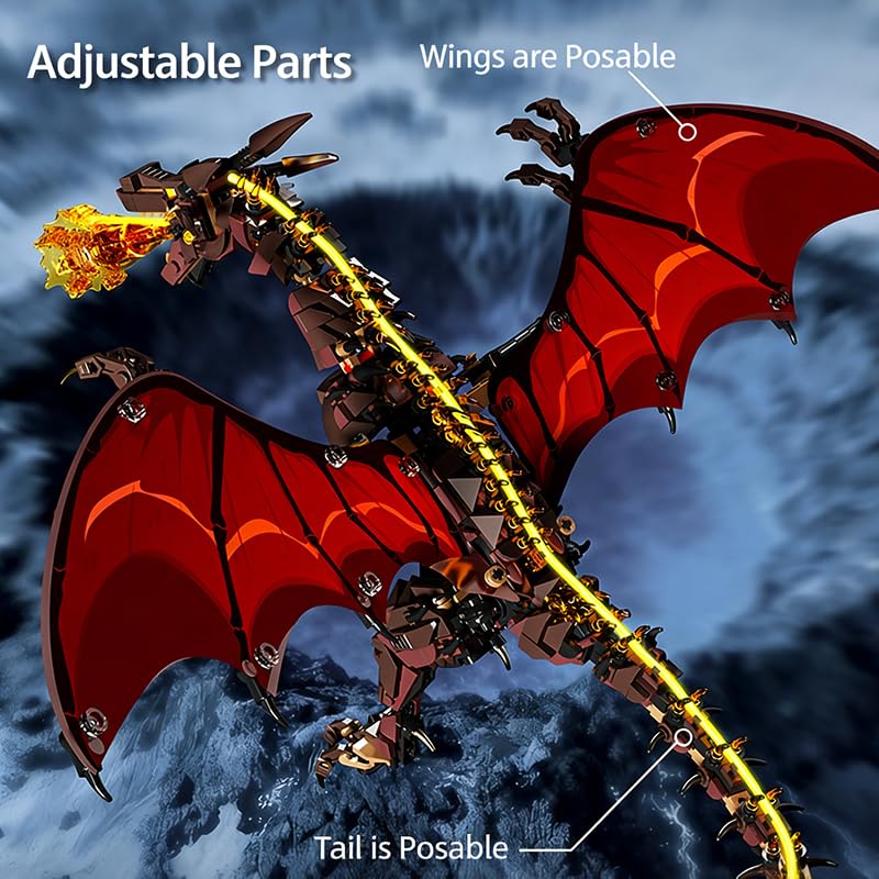 Image of SKY LINE OCEAN Fire Dragon Building Set with Display Stand - 1439 PCS Dragon Construction Model Kit, Rotatable Wings & Joints, Collectible Building Bricks for Teens & Adults (Ages 8+)