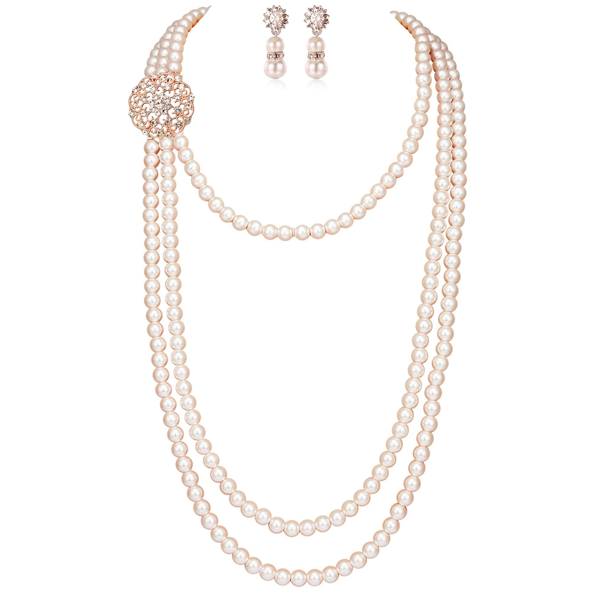 BABEYOND Parure de bijoux vintage à perles longues style années 1920 avec broche et boucles d'oreilles, convient pour les mariages, bals, fêtes et occasions festives