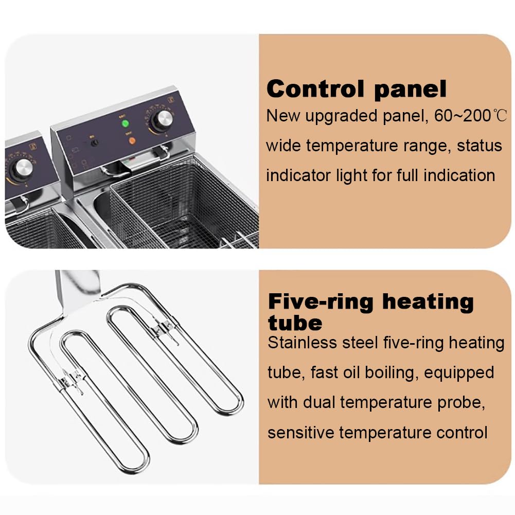 Friggitrice elettrica Professionale a Doppia Vasca Friggitrice elettrica in Acciaio Inox con termostato Grande friggitrice Doppia 3000W X 2 Contenitore dell'olio e cestello Rimovibili Anti