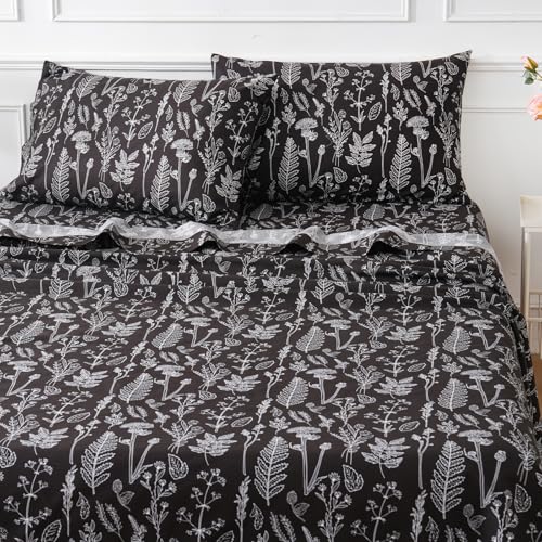 Image of 100% Natural Cotton Percale Sheets Set,Full Size 4 PC, Breathable&Durable Hotel Quality Bedding, 16 inch Deep Pocket Botanical Floral Bedsheets,Black