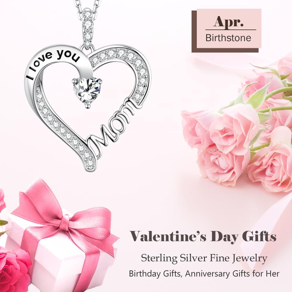 Valentines Day Birthday Gifts for Mom I Love You Mom Necklace Wife February March Birthstones Amethyst Aquamarine Jewelry for Women 925 Sterling Silver Heart Pendant Necklace - Image 2