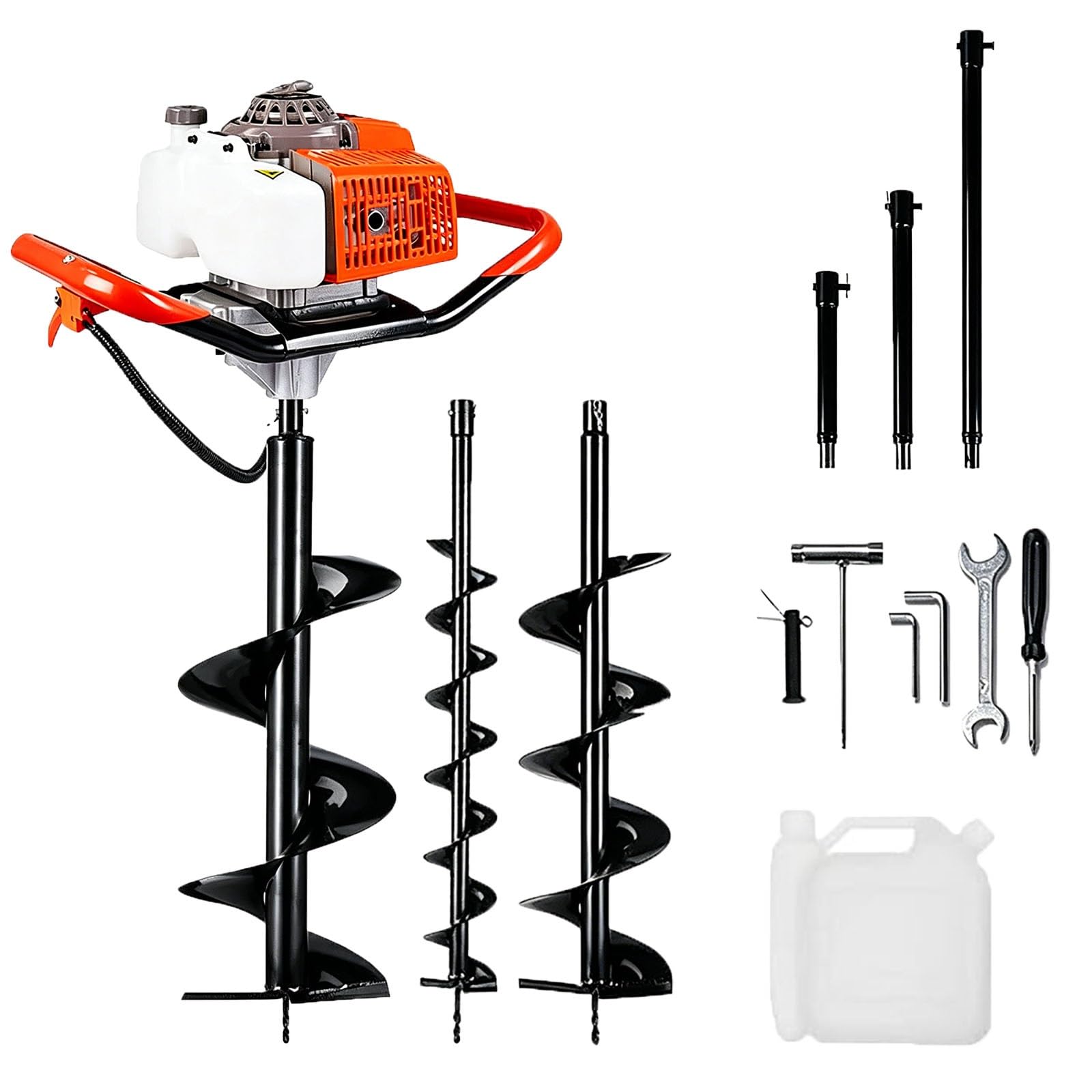 Koyike One Color Gas Earth Auger 63Cc Post Hole Digger, 3 Drill Bits Included 4/8/12" With 3 Lengths Extensions 8/12/20", Manganese Steel Bits For Hard Soil Drilling Excavation