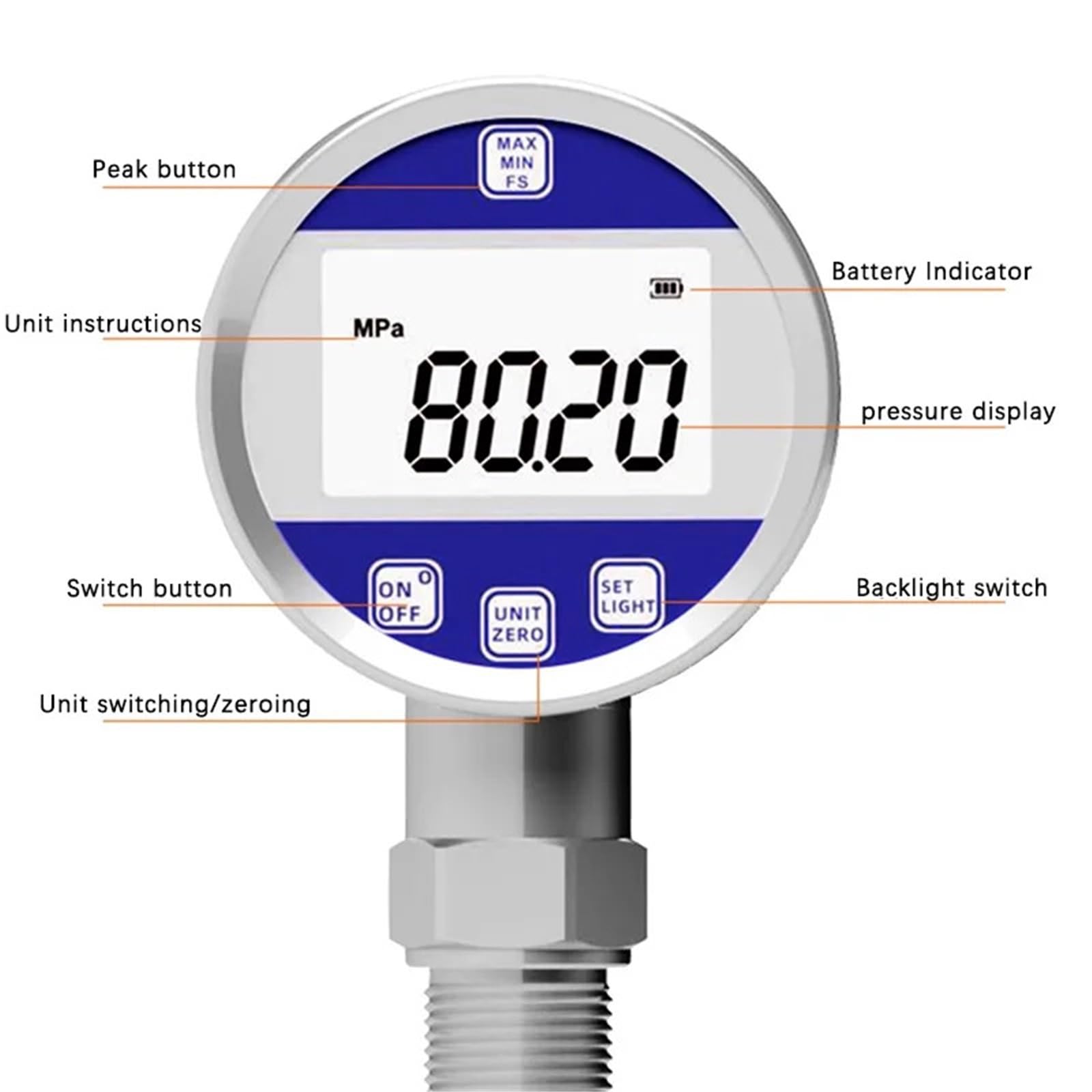 Wysoce precyzyjny cyfrowy ciśnieniomierz cyfrowy, elektroniczny hydrauliczny miernik ciśnienia podciśnienia (M14 x 1,5 Customized, 0-10 mpa 80 mm)